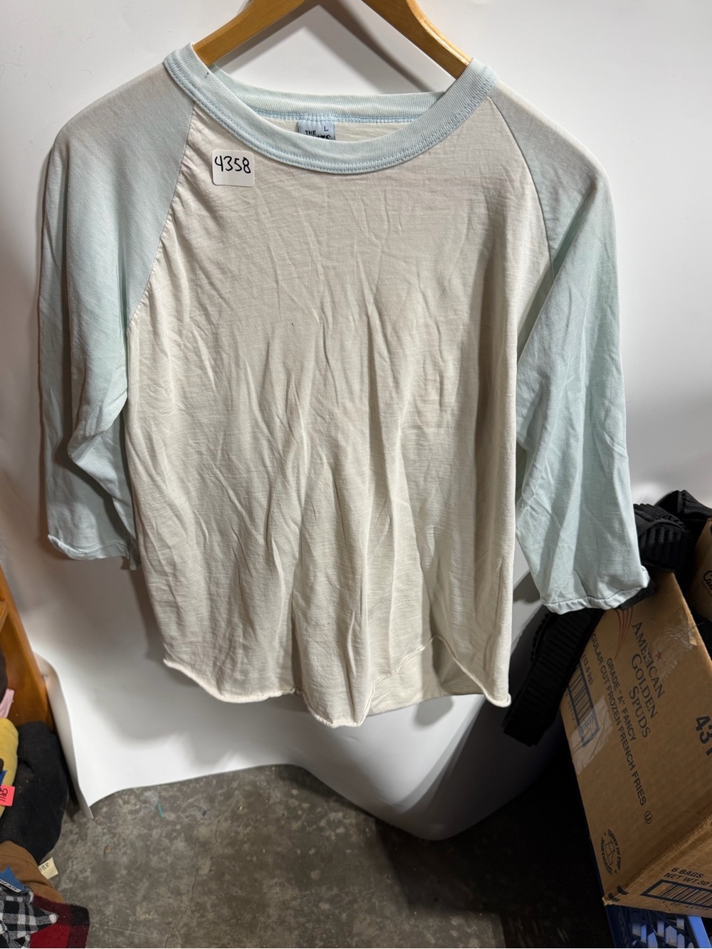 #4358-Casual Long Sleeve Raglan Tee in Cream and Light Blue